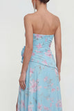 Strapless Blue Pink Flower A Line Ruched Wedding Guest Dress with Slit