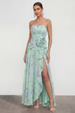Strapless Blue Pink Flower A Line Ruched Wedding Guest Dress with Slit
