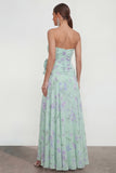 Strapless Blue Pink Flower A Line Ruched Wedding Guest Dress with Slit