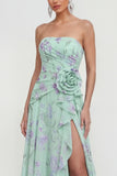 Strapless Blue Pink Flower A Line Ruched Wedding Guest Dress with Slit