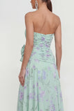 Strapless Blue Pink Flower A Line Ruched Wedding Guest Dress with Slit