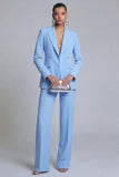 Blue Long Sleeve Peak Lapel 2 Piece Pant Suits