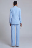 Blue Long Sleeve Peak Lapel 2 Piece Pant Suits