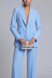 Blue Long Sleeve Peak Lapel 2 Piece Pant Suits