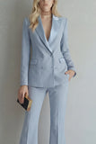 Blue 2 Piece Double Breasted Peak Lapel Work Suits