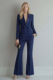 Blue 2 Piece Double Breasted Peak Lapel Work Suits