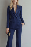 Blue 2 Piece Double Breasted Peak Lapel Work Suits