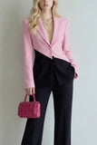 Black Pink Colour-Block Peak Lapel 2 Piece Women Suits