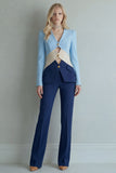 Blue Navy V-Neck Colour-Block Slim Fit 2 Piece Women Suits