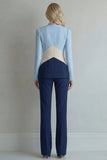 Blue Navy V-Neck Colour-Block Slim Fit 2 Piece Women Suits