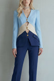 Blue Navy V-Neck Colour-Block Slim Fit 2 Piece Women Suits