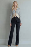 Blue Navy V-Neck Colour-Block Slim Fit 2 Piece Women Suits
