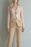 Blue Navy V-Neck Colour-Block Slim Fit 2 Piece Women Suits