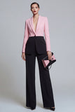 2 Piece Colour-Block Black Pink Peak Lapel Women Suits
