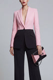 2 Piece Colour-Block Black Pink Peak Lapel Women Suits