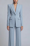 Grey Blue One Button Peak Lapel 2 Piece Work Suits