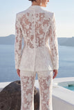 Peaked Lapel Burnout 2 Piece White Women Suits