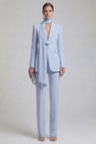 Shawl Lapel Blue 2 Piece Satin Single Buckle Women Suits