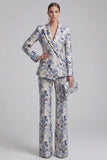 Grey Blue Peaked Lapel 2 Piece Brocade Women Suits