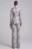 Grey Blue Peaked Lapel 2 Piece Brocade Women Suits