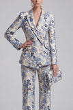 Grey Blue Peaked Lapel 2 Piece Brocade Women Suits