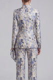 Grey Blue Peaked Lapel 2 Piece Brocade Women Suits