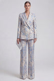 Grey Blue Peaked Lapel 2 Piece Brocade Women Suits
