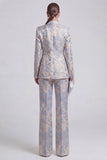 Grey Blue Peaked Lapel 2 Piece Brocade Women Suits
