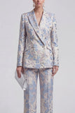Grey Blue Peaked Lapel 2 Piece Brocade Women Suits