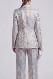 Grey Blue Peaked Lapel 2 Piece Brocade Women Suits