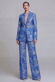 Dark Blue Floral Notched Lapel Burnout Women Suits