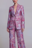 Dark Blue Floral Notched Lapel Burnout Women Suits