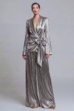 Metallic Shawl Lapel 2 Piece Grey Bowed Women Suits