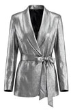 Metallic Shawl Lapel 2 Piece Grey Bowed Women Suits