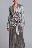 Metallic Shawl Lapel 2 Piece Grey Bowed Women Suits