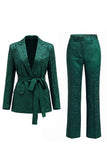 Jacquard Dark Green Notched Lapel 2 Piece Women Suits with Belt