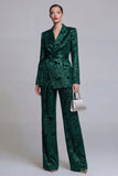 Jacquard Dark Green Notched Lapel 2 Piece Women Suits with Belt
