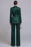 Jacquard Dark Green Notched Lapel 2 Piece Women Suits with Belt