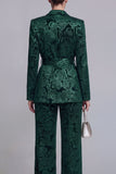 Jacquard Dark Green Notched Lapel 2 Piece Women Suits with Belt