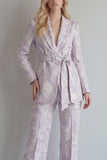 Jacquard Peaked Lapel 2 Piece Lilac Women Suits with Belt