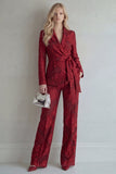 Red Notched Lapel 2 Piece Floral Women Suits with Belt