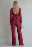 Red Notched Lapel 2 Piece Floral Women Suits with Belt