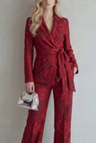 Red Notched Lapel 2 Piece Floral Women Suits with Belt