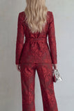 Red Notched Lapel 2 Piece Floral Women Suits with Belt