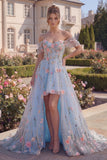 Floral Blue Off The Shoulder Corset A Line High-Low Prom Dress