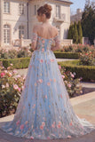 Floral Blue Off The Shoulder Corset A Line High-Low Prom Dress
