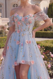 Floral Blue Off The Shoulder Corset A Line High-Low Prom Dress