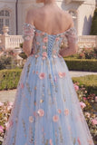 Floral Blue Off The Shoulder Corset A Line High-Low Prom Dress