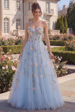 Sweetheart Blue Floral A Line Corset Long Prom Dress