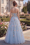 Sweetheart Blue Floral A Line Corset Long Prom Dress